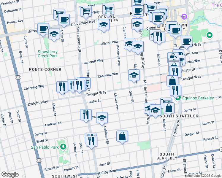 map of restaurants, bars, coffee shops, grocery stores, and more near 1639 Dwight Way in Berkeley