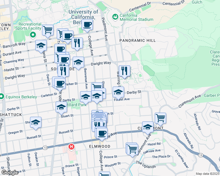 map of restaurants, bars, coffee shops, grocery stores, and more near 2630 Piedmont Avenue in Berkeley