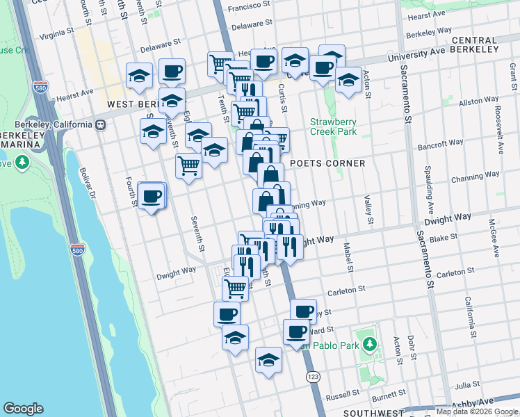 map of restaurants, bars, coffee shops, grocery stores, and more near 1039 Channing Way in Berkeley