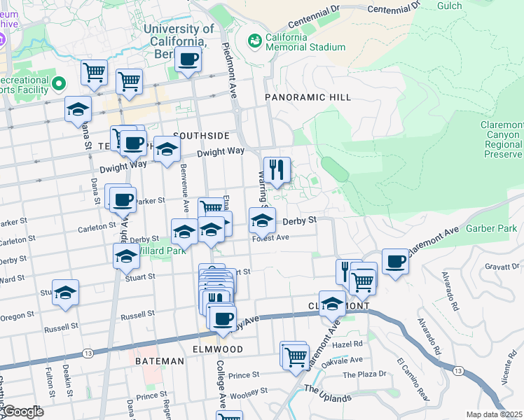 map of restaurants, bars, coffee shops, grocery stores, and more near 2630 Warring Street in Berkeley