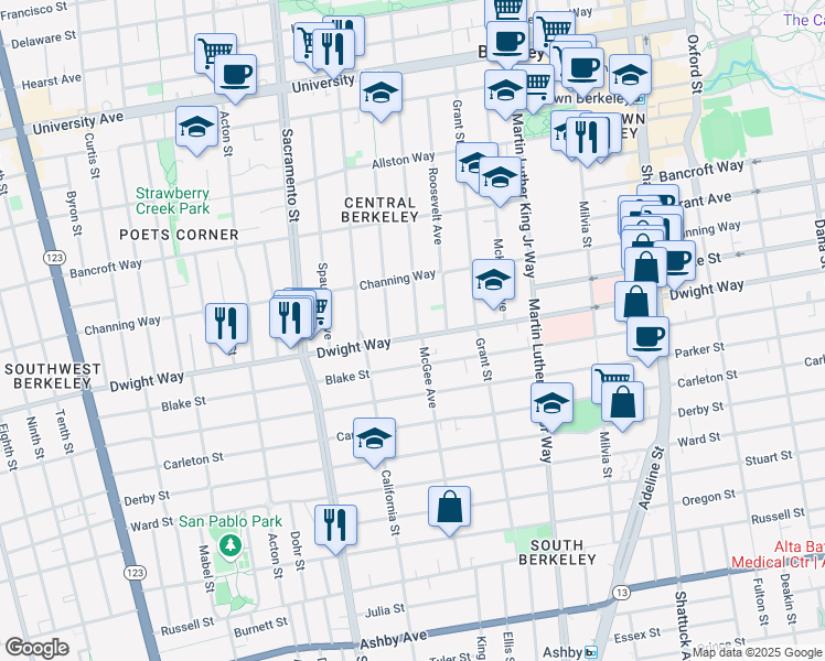 map of restaurants, bars, coffee shops, grocery stores, and more near 1645 Dwight Way in Berkeley
