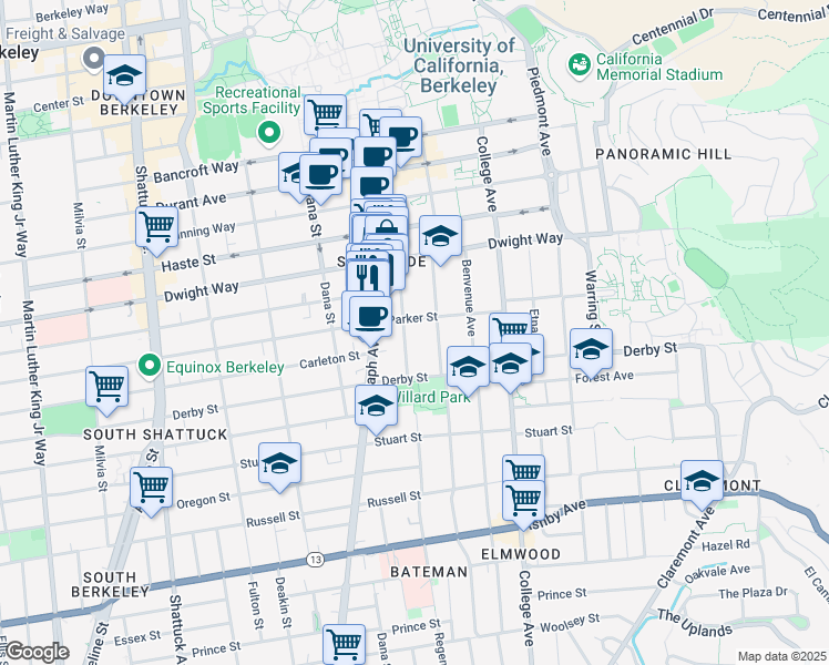 map of restaurants, bars, coffee shops, grocery stores, and more near 2609 Regent Street in Berkeley