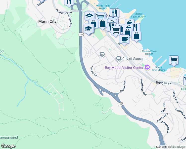 map of restaurants, bars, coffee shops, grocery stores, and more near 98 Lincoln Drive in Sausalito