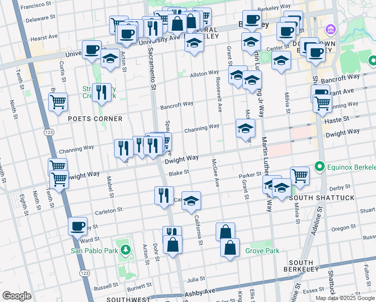 map of restaurants, bars, coffee shops, grocery stores, and more near 2443 California Street in Berkeley