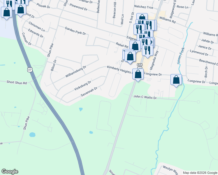 map of restaurants, bars, coffee shops, grocery stores, and more near 214 Savannah Drive in Nicholasville