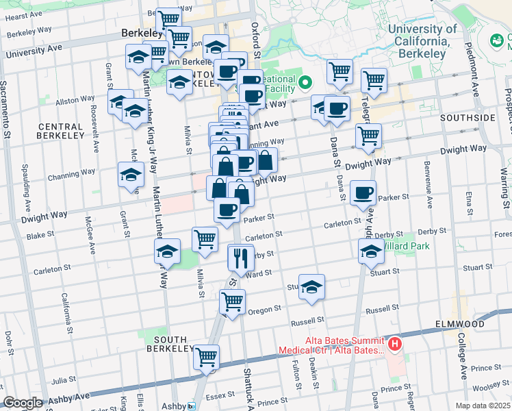 map of restaurants, bars, coffee shops, grocery stores, and more near 2555 Shattuck Avenue in Berkeley