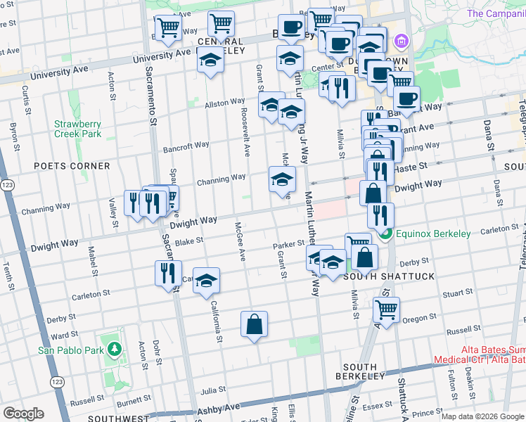 map of restaurants, bars, coffee shops, grocery stores, and more near in Berkeley