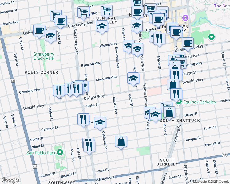 map of restaurants, bars, coffee shops, grocery stores, and more near 1639 Dwight Way in Berkeley