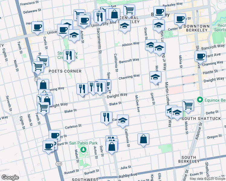 map of restaurants, bars, coffee shops, grocery stores, and more near 2431 Spaulding Avenue in Berkeley
