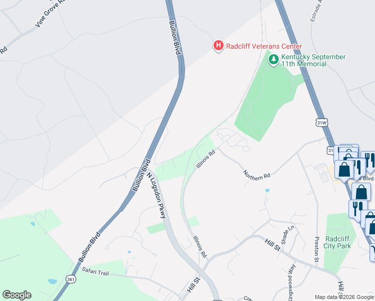 map of restaurants, bars, coffee shops, grocery stores, and more near 701 Innovation Way in Radcliff