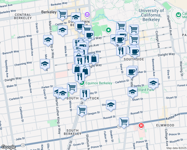 map of restaurants, bars, coffee shops, grocery stores, and more near 2172 Blake Street in Berkeley