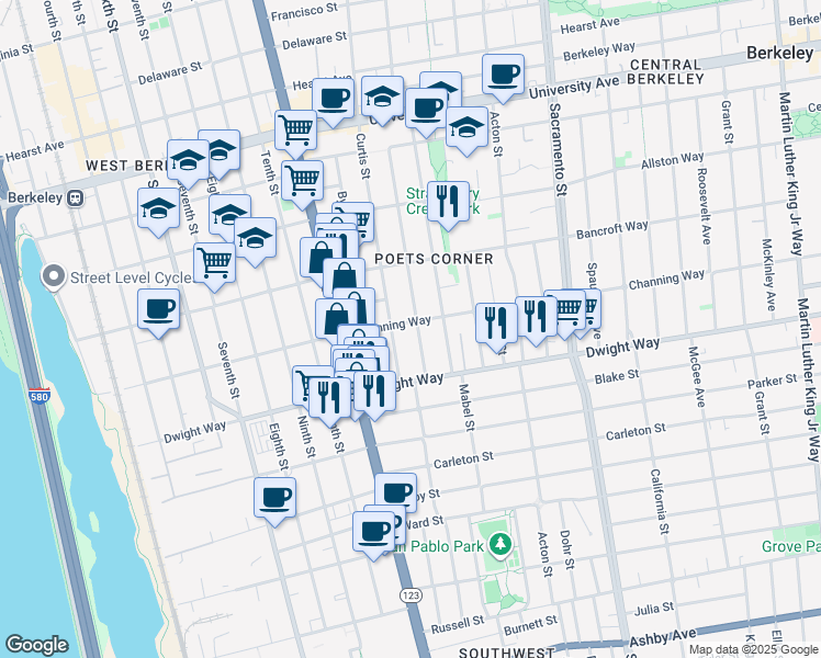 map of restaurants, bars, coffee shops, grocery stores, and more near 1216 Channing Way in Berkeley