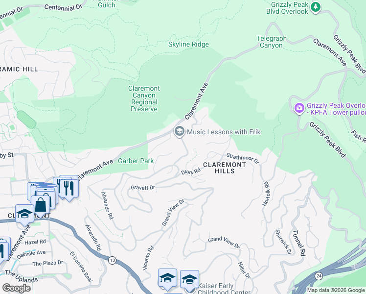 map of restaurants, bars, coffee shops, grocery stores, and more near 1227 Alvarado Road in Berkeley