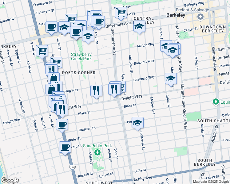 map of restaurants, bars, coffee shops, grocery stores, and more near 2420 Sacramento Street in Berkeley