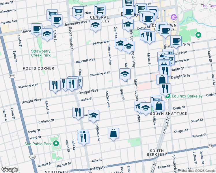 map of restaurants, bars, coffee shops, grocery stores, and more near 1639 Dwight Way in Berkeley