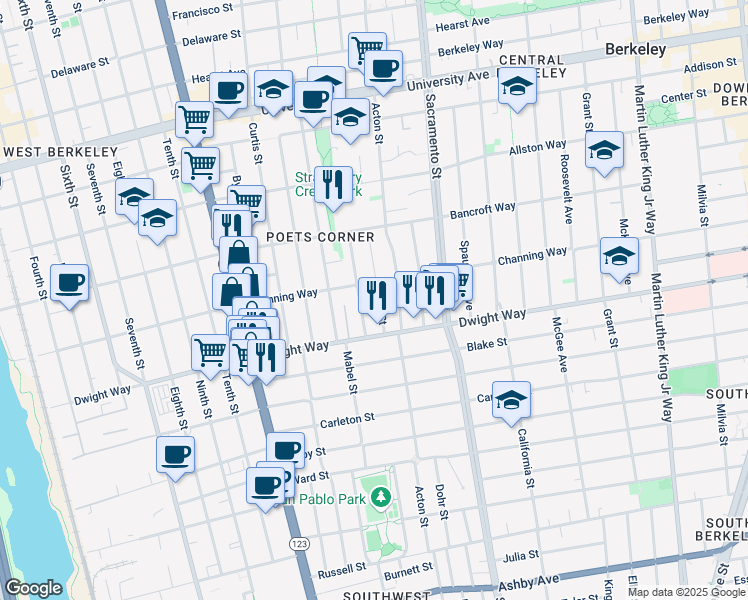 map of restaurants, bars, coffee shops, grocery stores, and more near 1330 Channing Way in Berkeley