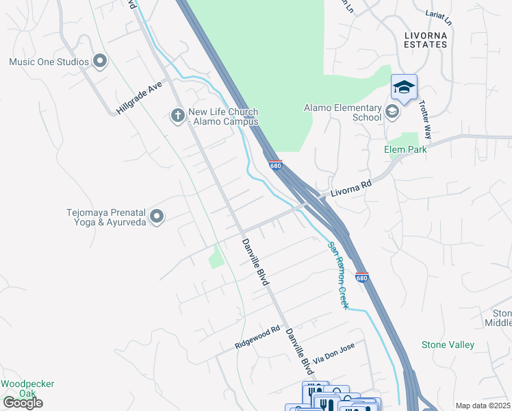 map of restaurants, bars, coffee shops, grocery stores, and more near 1451 Vine Lane in Alamo