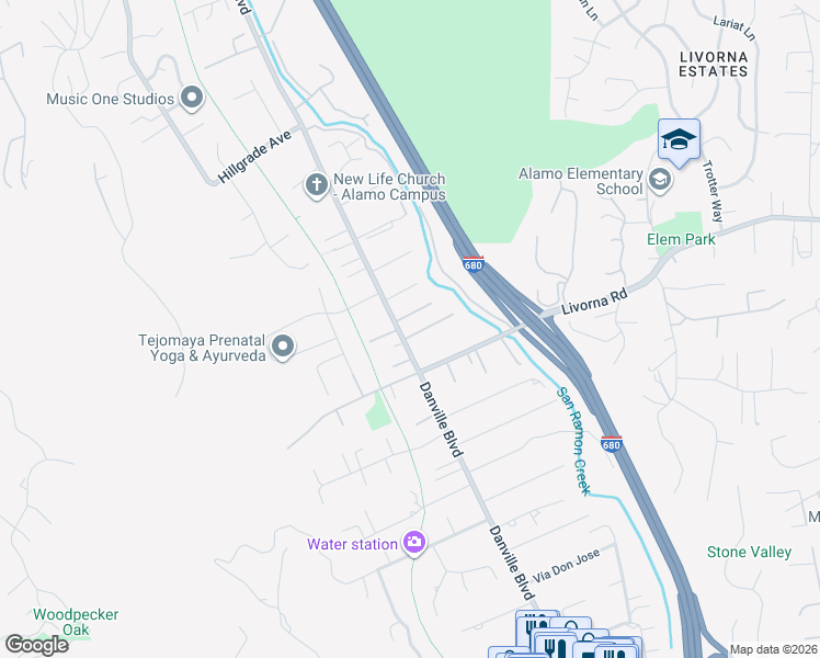 map of restaurants, bars, coffee shops, grocery stores, and more near 2658 Danville Boulevard in Alamo