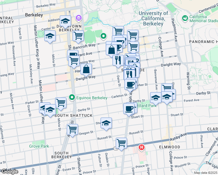 map of restaurants, bars, coffee shops, grocery stores, and more near 2315 Parker Street in Berkeley