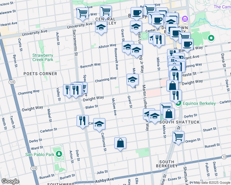 map of restaurants, bars, coffee shops, grocery stores, and more near 2446 Roosevelt Avenue in Berkeley