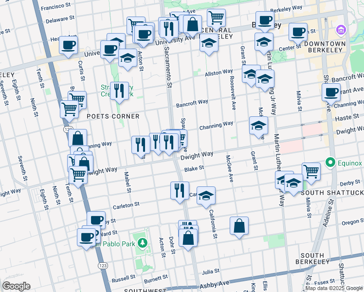 map of restaurants, bars, coffee shops, grocery stores, and more near 2431 Spaulding Avenue in Berkeley