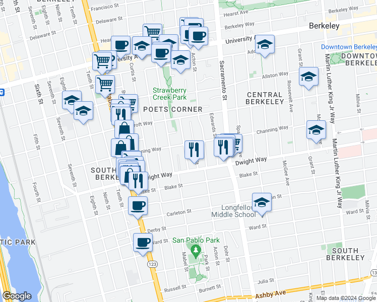 map of restaurants, bars, coffee shops, grocery stores, and more near 1330 Channing Way in Berkeley