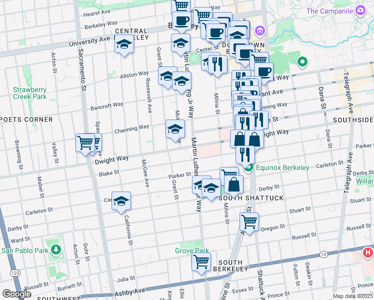 map of restaurants, bars, coffee shops, grocery stores, and more near 1852 Dwight Way in Berkeley
