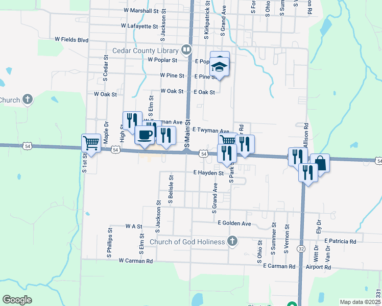 map of restaurants, bars, coffee shops, grocery stores, and more near U.S. 54 in El Dorado Springs