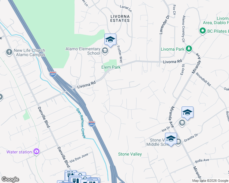 map of restaurants, bars, coffee shops, grocery stores, and more near 83 Stephanie Lane in Alamo