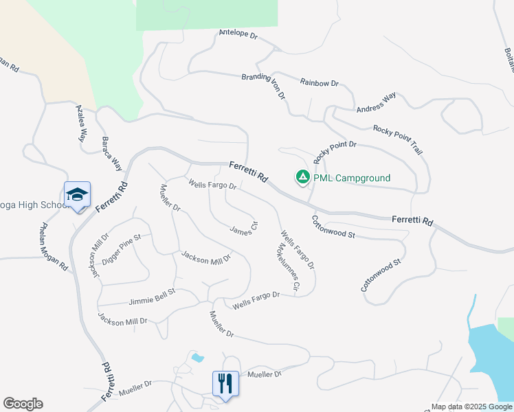 map of restaurants, bars, coffee shops, grocery stores, and more near 13210 Wells Fargo Dr in Groveland-Big Oak Flat