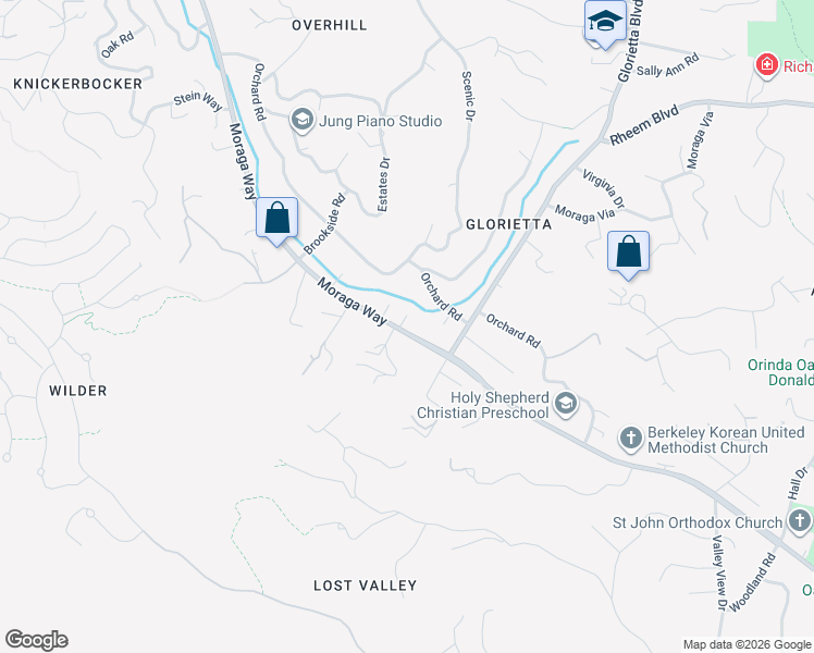 map of restaurants, bars, coffee shops, grocery stores, and more near 285 Moraga Way in Orinda