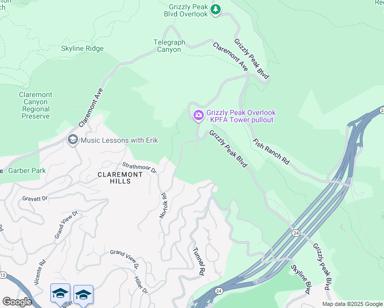 map of restaurants, bars, coffee shops, grocery stores, and more near 4975 Grizzly Peak Boulevard in Berkeley