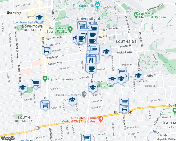 map of restaurants, bars, coffee shops, grocery stores, and more near Parker St & Chilton Way in Berkeley