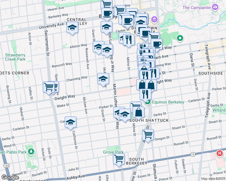 map of restaurants, bars, coffee shops, grocery stores, and more near 1860 Dwight Way in Berkeley
