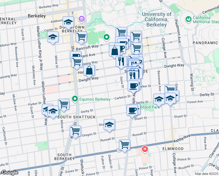 map of restaurants, bars, coffee shops, grocery stores, and more near 2315 Parker Street in Berkeley