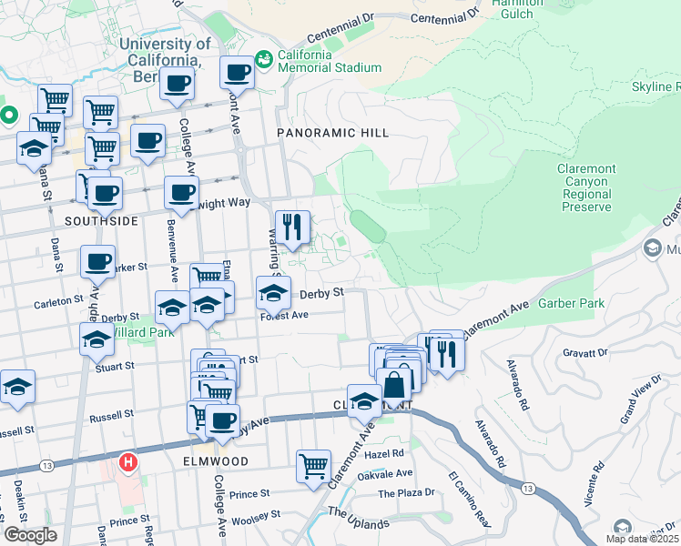 map of restaurants, bars, coffee shops, grocery stores, and more near 2951 Derby Street in Berkeley