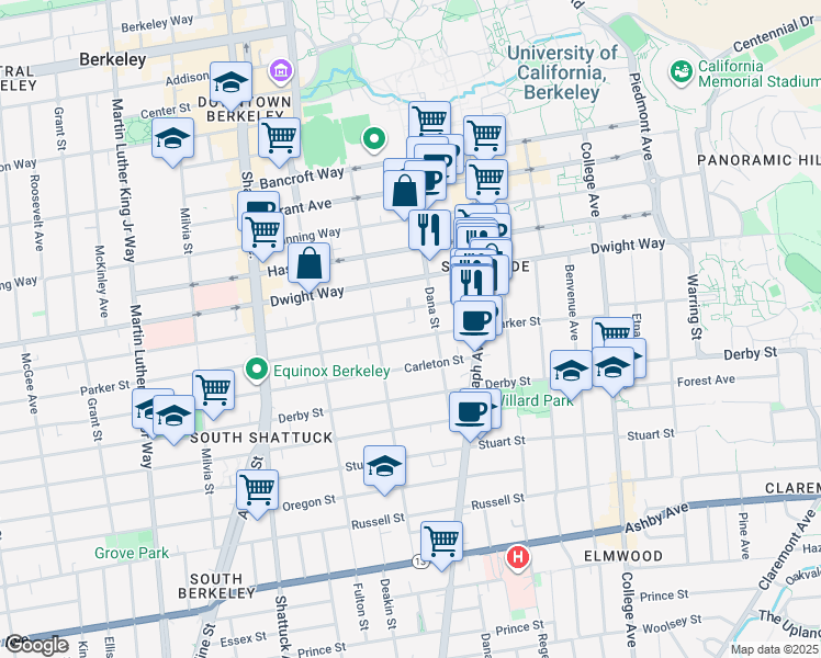 map of restaurants, bars, coffee shops, grocery stores, and more near 2315 Parker Street in Berkeley