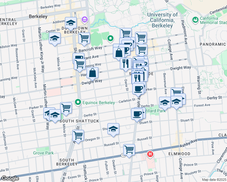 map of restaurants, bars, coffee shops, grocery stores, and more near 2315 Parker Street in Berkeley