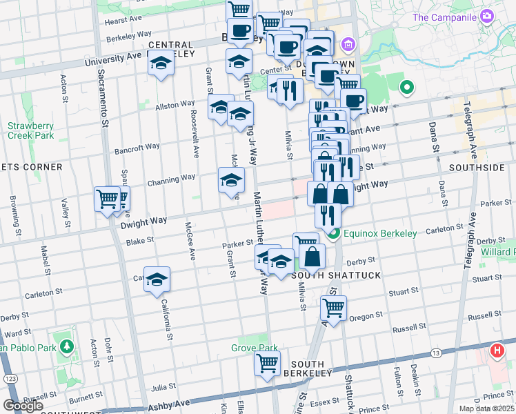 map of restaurants, bars, coffee shops, grocery stores, and more near 1860 Dwight Way in Berkeley