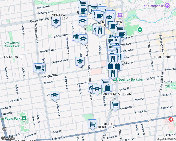 map of restaurants, bars, coffee shops, grocery stores, and more near 1860 Dwight Way in Berkeley
