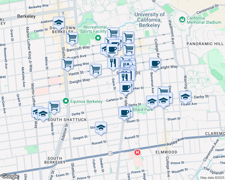 map of restaurants, bars, coffee shops, grocery stores, and more near 2550 Dana Street in Berkeley