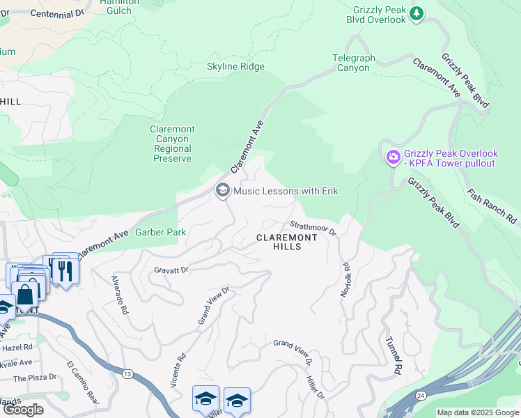 map of restaurants, bars, coffee shops, grocery stores, and more near 40 Drury Road in Berkeley