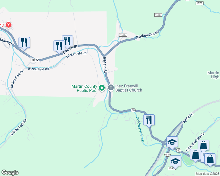 map of restaurants, bars, coffee shops, grocery stores, and more near Blacklog Road in Inez