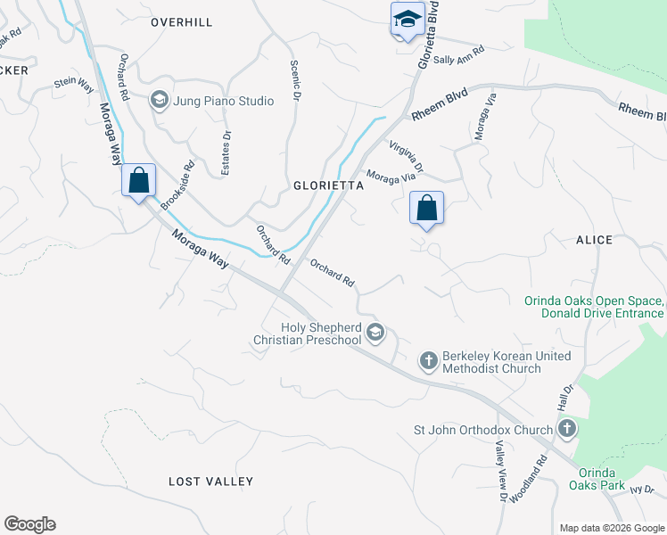 map of restaurants, bars, coffee shops, grocery stores, and more near 219 Orchard Road in Orinda
