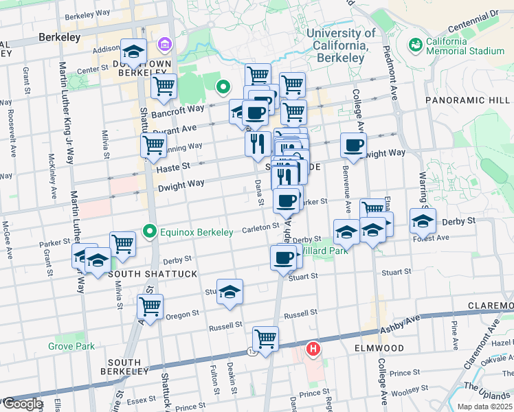 map of restaurants, bars, coffee shops, grocery stores, and more near 2550 Dana Street in Berkeley