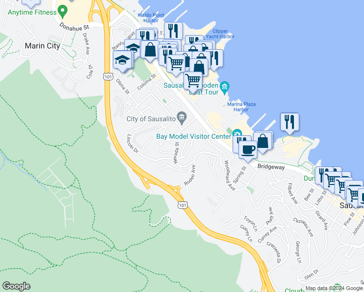 map of restaurants, bars, coffee shops, grocery stores, and more near 62 Marin Avenue in Sausalito