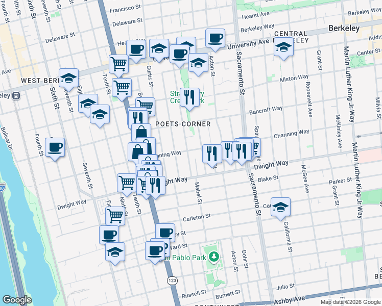 map of restaurants, bars, coffee shops, grocery stores, and more near 1302 Channing Way in Berkeley