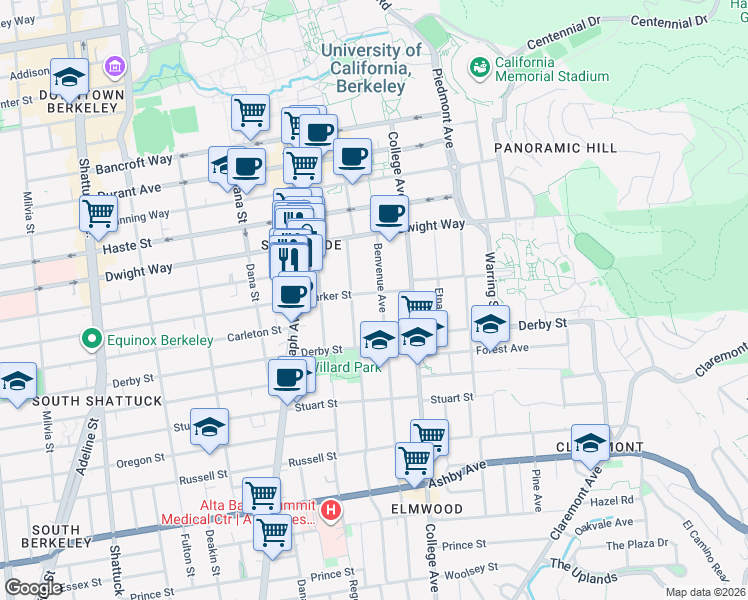 map of restaurants, bars, coffee shops, grocery stores, and more near 2606 Benvenue Avenue in Berkeley