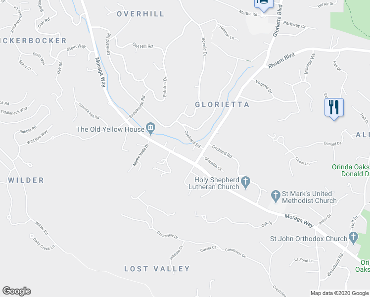 map of restaurants, bars, coffee shops, grocery stores, and more near 6 Great Oaks Cir in Orinda