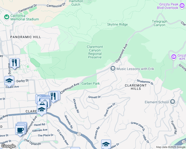 map of restaurants, bars, coffee shops, grocery stores, and more near 7601 Claremont Avenue in Berkeley